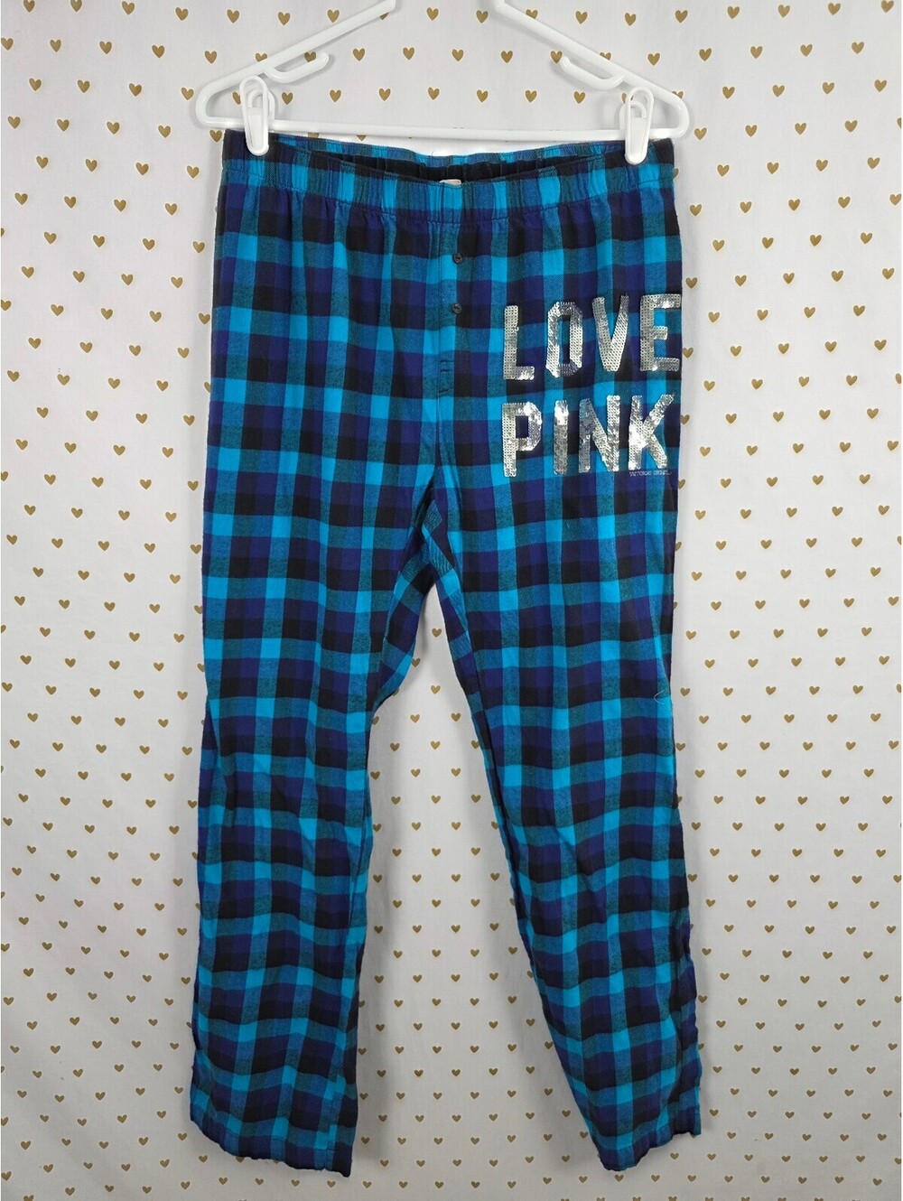 Victorias Secret PINK Plaid BLING Blue Sequined Med Sleep Pants Pajama PJ Bottom